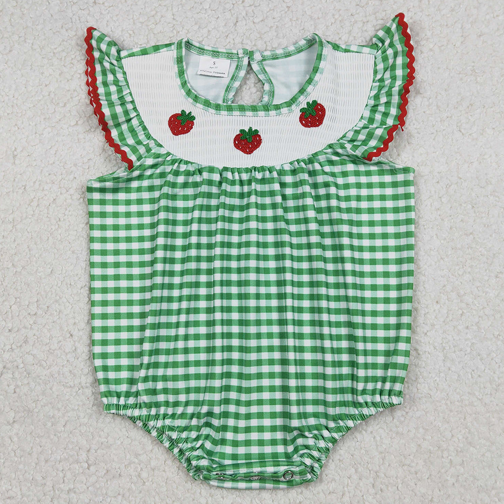 Baby Girls Smocked Strawberry Green Checked Ruffle Rompers SR3550 12.20