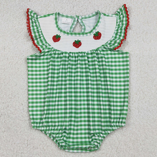 Baby Girls Smocked Strawberry Green Checked Ruffle Rompers SR3550 12.20