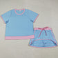 Adult Women Clothes Blue Short Sleeve Top Skirt Shorts Cotton Clothes Set GSD3674