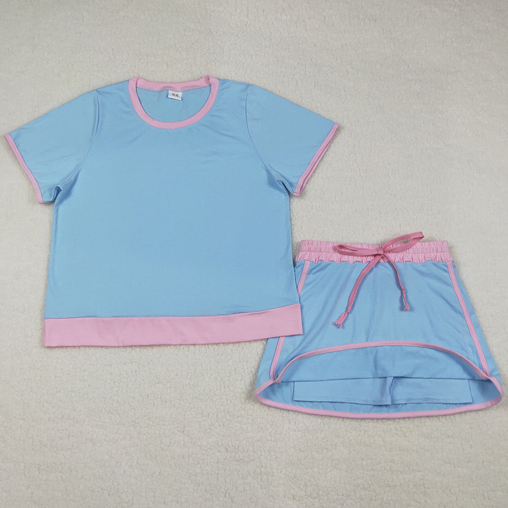 Adult Women Clothes Blue Short Sleeve Top Skirt Shorts Cotton Clothes Set GSD3674