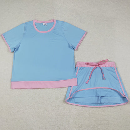 Adult Women Clothes Blue Short Sleeve Top Skirt Shorts Cotton Clothes Set GSD3674