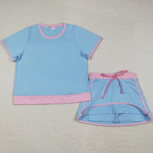 Adult Women Clothes Blue Short Sleeve Top Skirt Shorts Cotton Clothes Set GSD3674