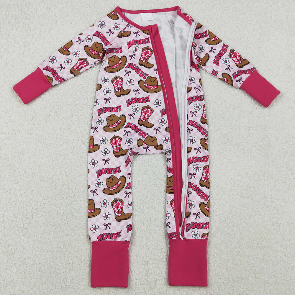 Baby Girls Rompers Western Howdy Boots Long Sleeve Zip Bodysuits Sibling Rompers LR2516 LR2517 11.3