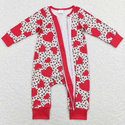 Baby Infant Girls Rompers Valentines Hearts Leopard Long Sleeve Zip Rompers LR0775