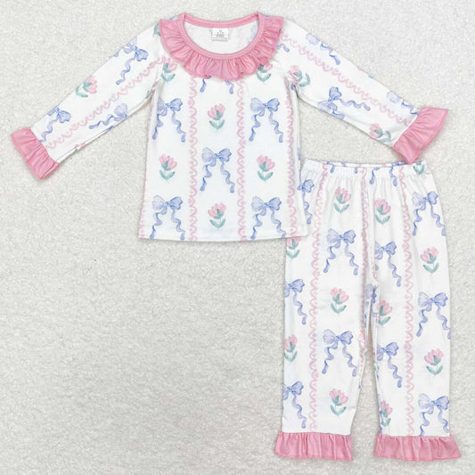 Baby Girls Pajamas Pink Blue Bows Ruffle Bamboo Pajamas Sets GLP1693