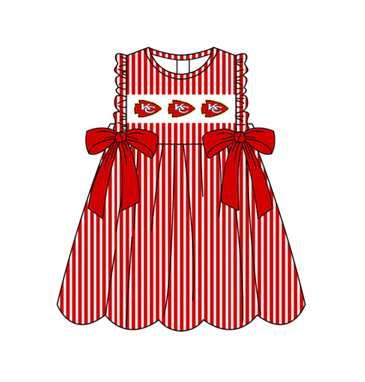 Preorder (moq 5)Baby Girls Sleeveless Red Stripe KC Bows Team Knee Length Dresses 11.25