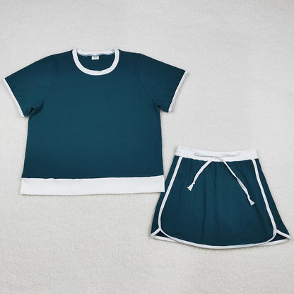 Adult Women Clothes Dark Green Short Sleeve Top Skirt Shorts Cotton Clothes Set GSD3673