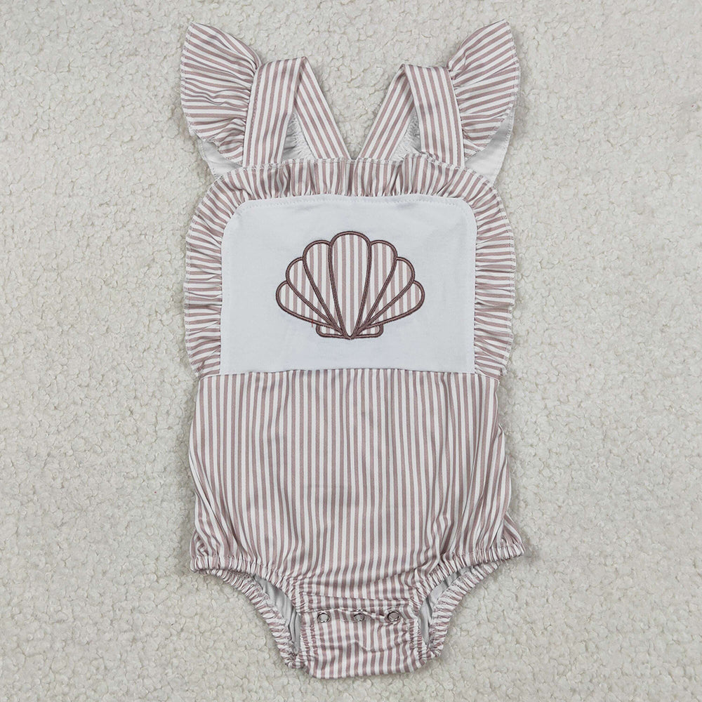 Baby Girls Rompers Embroidery Stripe Shells Flutter Sleeve Ruffle Rompers SR3396 12.20