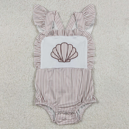 Baby Girls Rompers Embroidery Stripe Shells Flutter Sleeve Ruffle Rompers SR3396 12.20