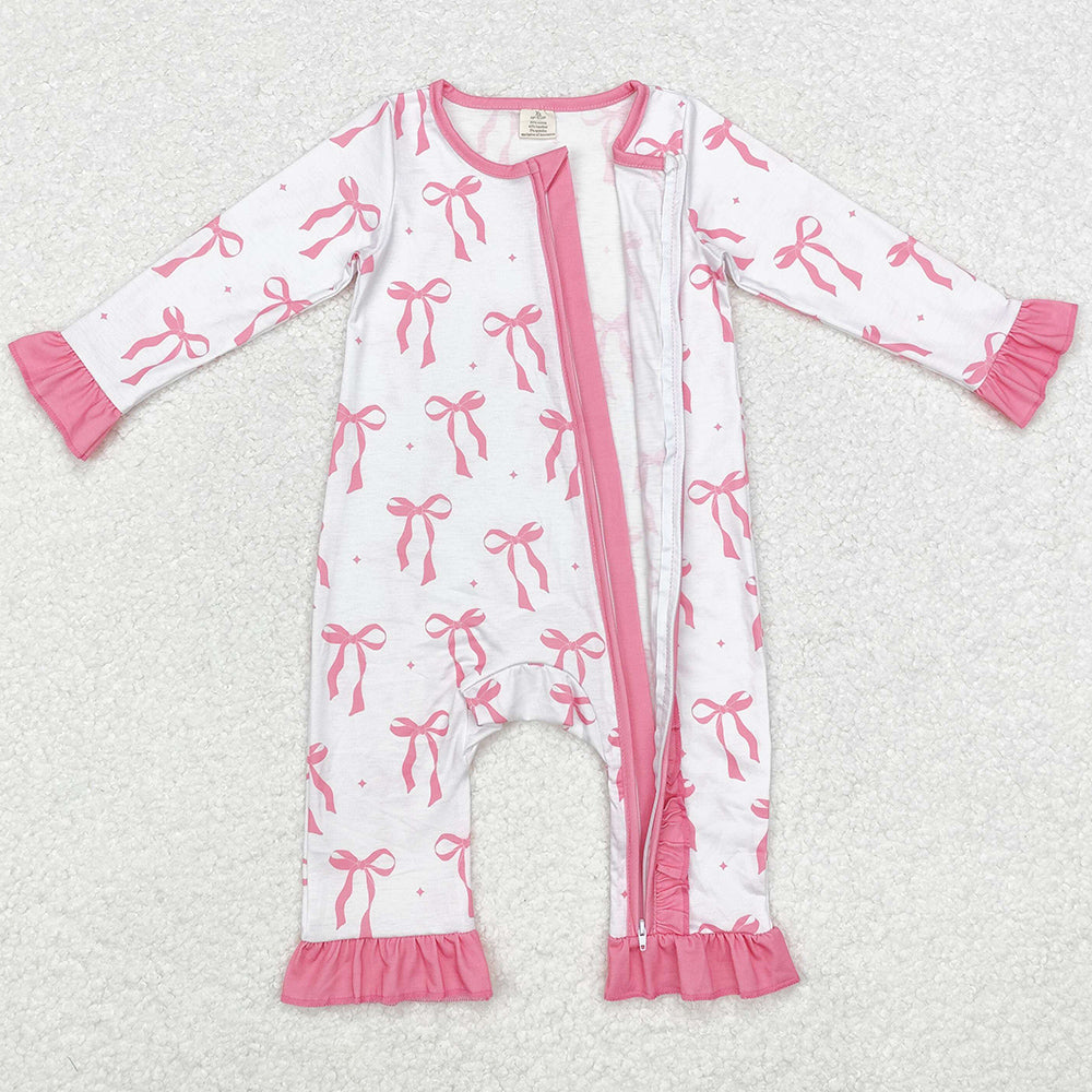 Baby Infant Girls Rompers Pink Bows Ruffle Bamboo Zip Rompers LR1584