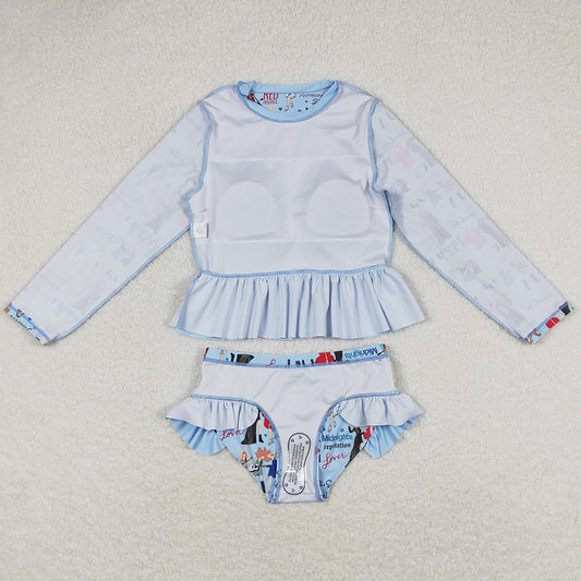 Baby Girls Swimsuits Blue Long Sleeve Top Bummie Swimsuits S0295