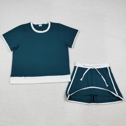 Adult Women Clothes Dark Green Short Sleeve Top Skirt Shorts Cotton Clothes Set GSD3673
