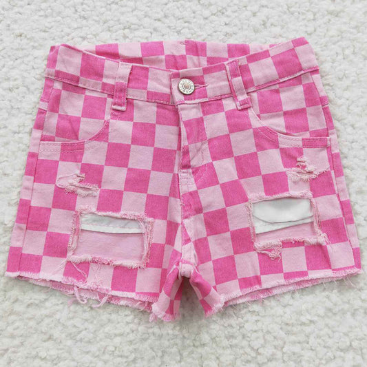 Baby Girls Jeans Pink Plaid Distressed Denim Shorts SS0092