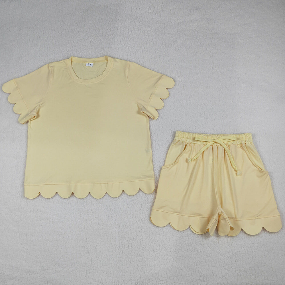 Adult Women Clothes Yellow Shorts Sleeve Shirts Top Short Scallop Clothes Sets GSSO3203
