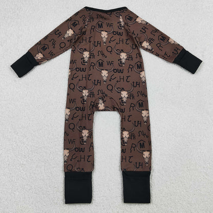 Baby Boys Brown Bull Skulls Western Two Way Zipper Convertible Rompers LR2591 11.6
