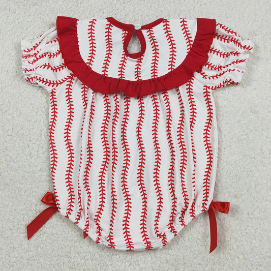 Baby Girls Smocked Baseballs Bows Red Stripe Team Ruffle Rompers SR3345 12.20