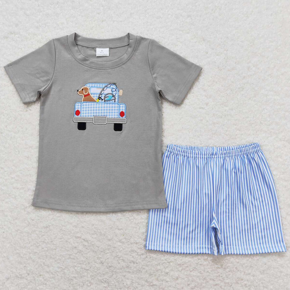 Baby Boys Clothes Grey Dog Fishing Shirt Shorts Clothes Sets BSSO0664