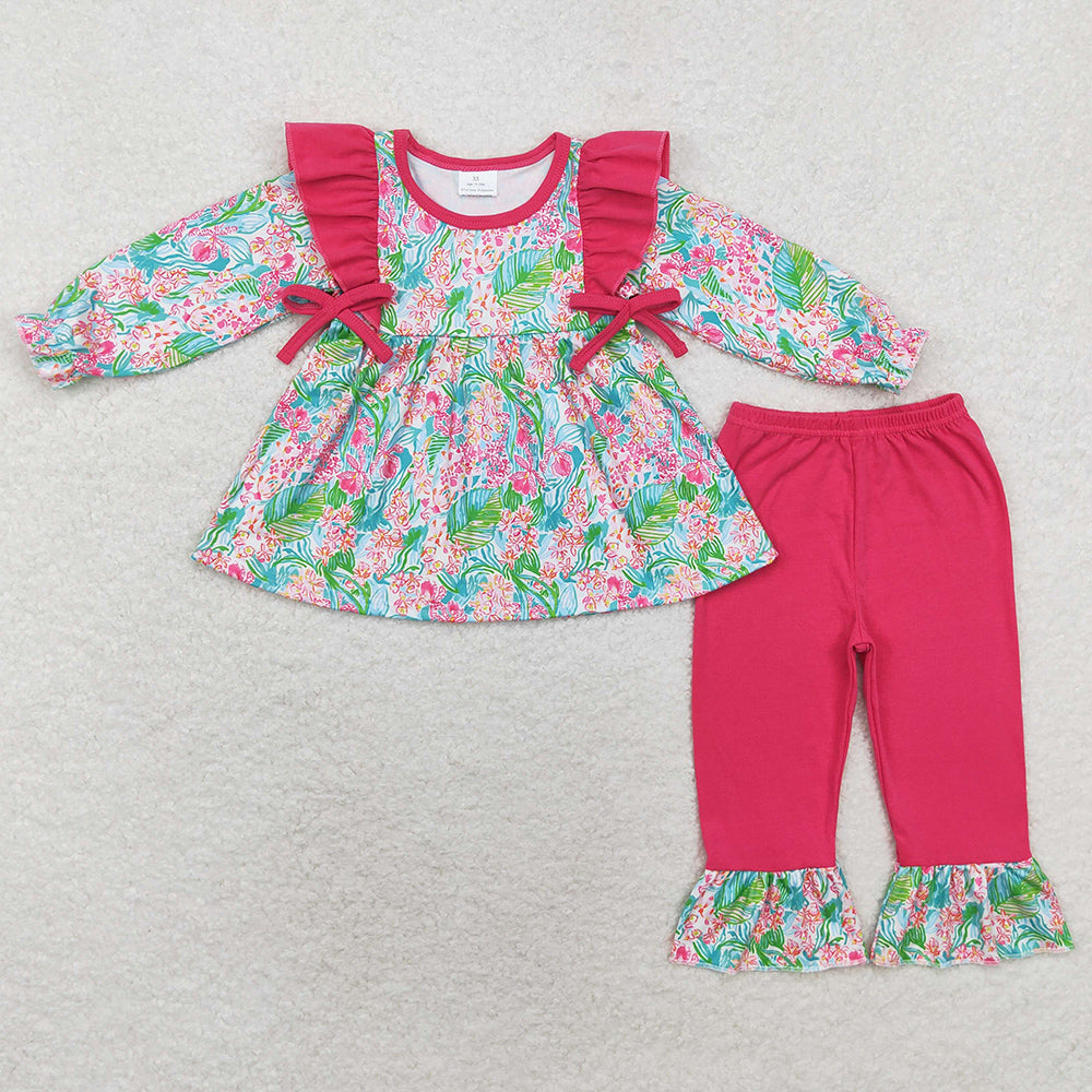 Baby Girls Clothes Dark Pink Seaweed Tunic Tops Bows Top Ruffle Pants Sets GLP1430