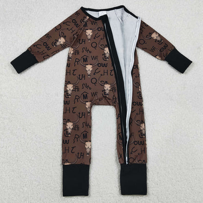 Baby Boys Brown Bull Skulls Western Two Way Zipper Convertible Rompers LR2591 11.6