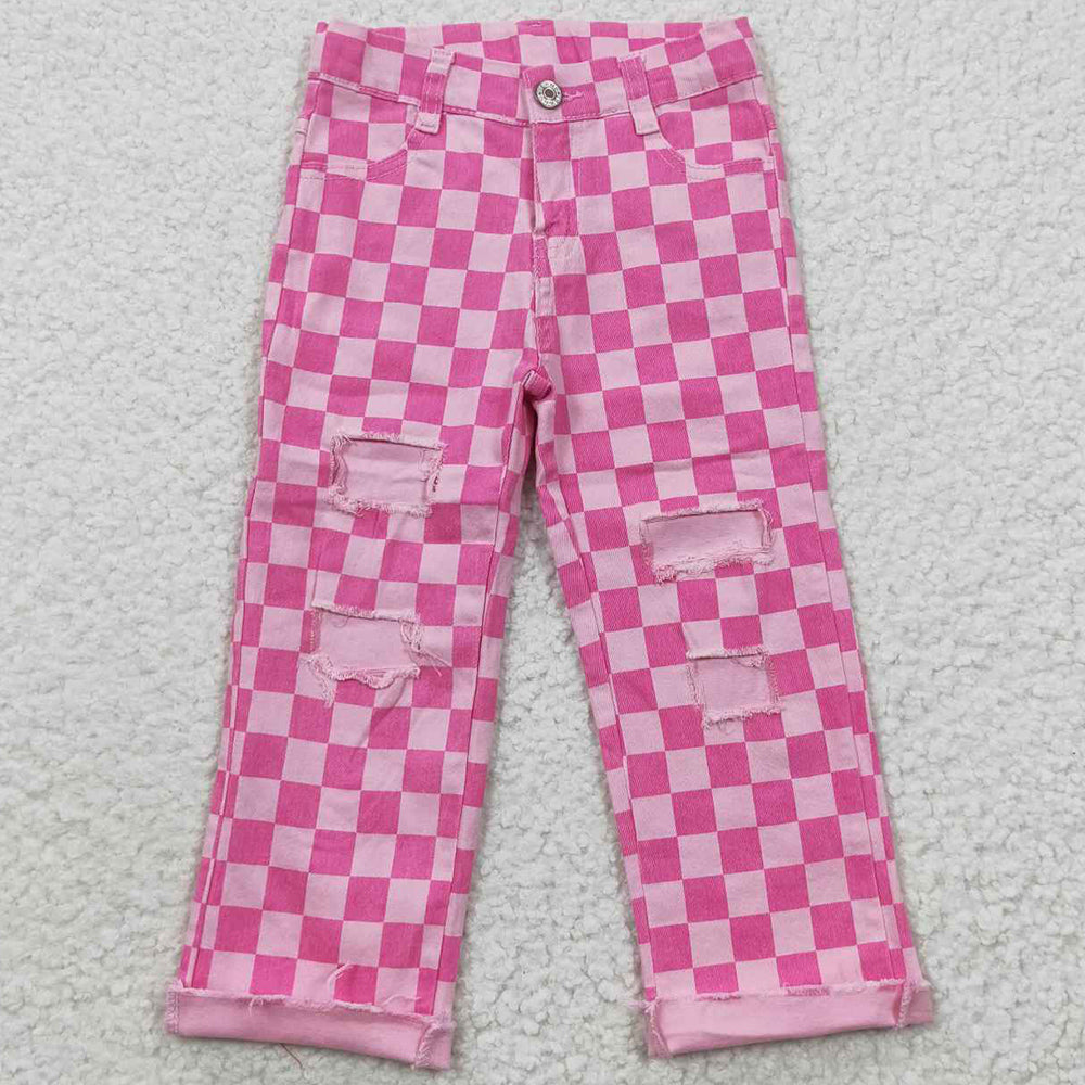 Baby Girls Pink Check Denim Bell Bottom Pants P0096