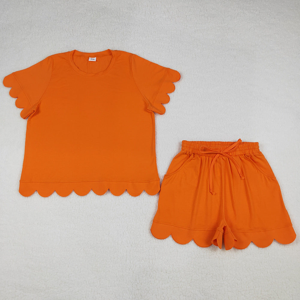 Adult Women Clothes Orange Shorts Sleeve Shirts Top Short Scallop Clothes Sets GSSO3206