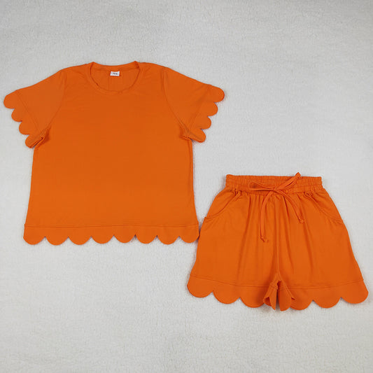 Adult Women Clothes Orange Shorts Sleeve Shirts Top Short Scallop Clothes Sets GSSO3206