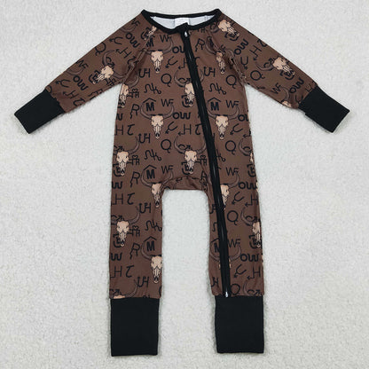 Baby Boys Brown Bull Skulls Western Two Way Zipper Convertible Rompers LR2591 11.6