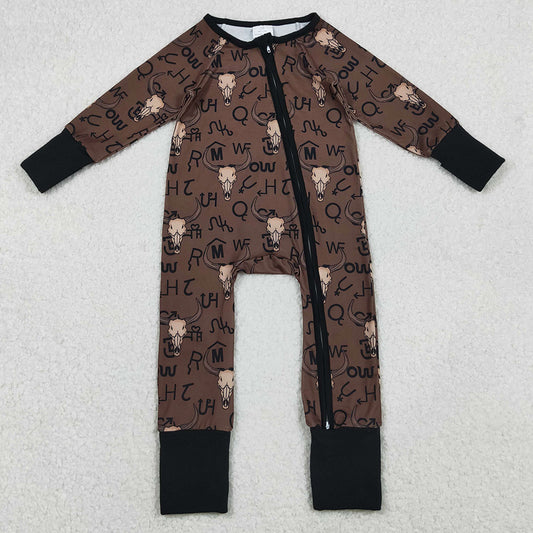 Baby Boys Brown Bull Skulls Western Two Way Zipper Convertible Rompers LR2591 11.6