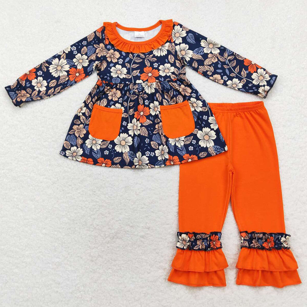 Baby Girls Clothes Navy Flowers Pockets Tunic Top Ruffle Pants Sets GLP1564