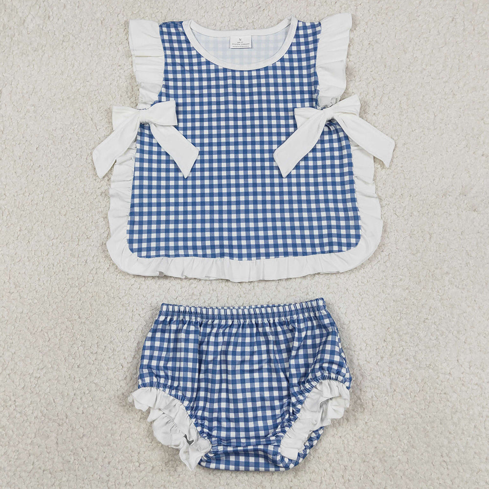 Baby Girls Clothes Blue Checked Bows Tunic Bummies Clothes Sets GBO0528