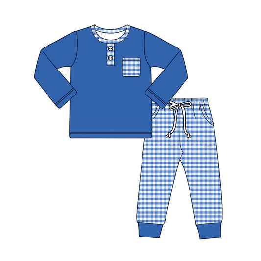 Preorder (moq 5)Baby Boys Hot Blue Long Sleeves Button Pocket Top Plaid Legging Pant Set 5.27