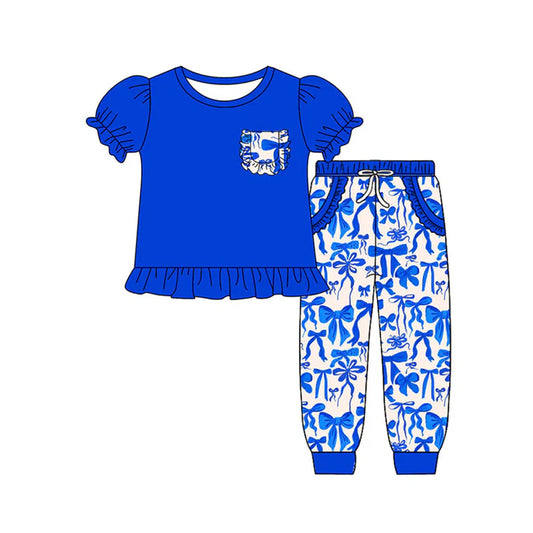 Preorder(moq 8)Baby Girls Pocket Ruffle Top Hot Blue Bows Jogger Pants Clothes Sets 9.27