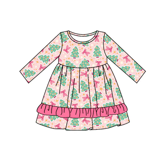 Preorder moq 5 Baby Girls Pink Long Sleeves Trees Bows Ruffle Knee Length Dresses 5.2