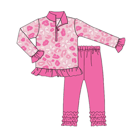 Preorder (moq 8)Baby Girls Pink Bows Leopard Zipper Pullovers Ruffle Legging Clothes Sets 9.19