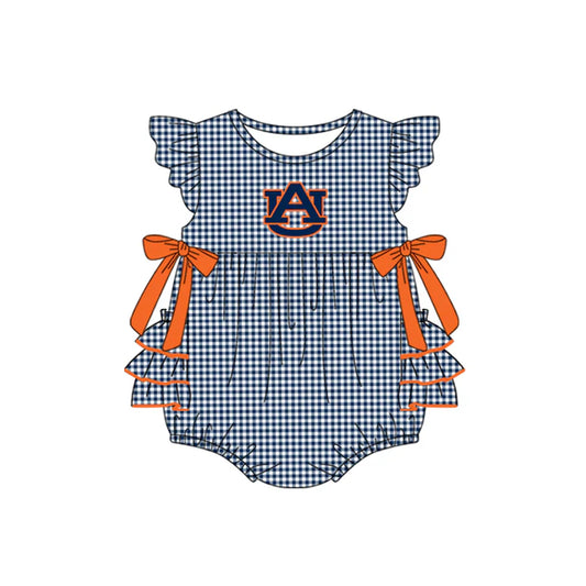 Preorder moq 5 Baby Girls Navy Plaid Flutter Sleeves Bows AU Team Rompers 7.10