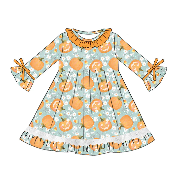 Preorder (moq 5)Baby Girls Blue Long Ruffle Sleeves Floral Pumpkins Knee Length Dresses 5.20