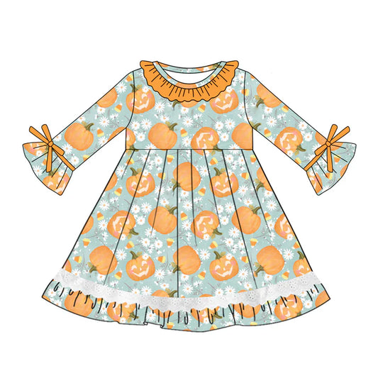Preorder (moq 5)Baby Girls Blue Long Ruffle Sleeves Floral Pumpkins Knee Length Dresses 5.20