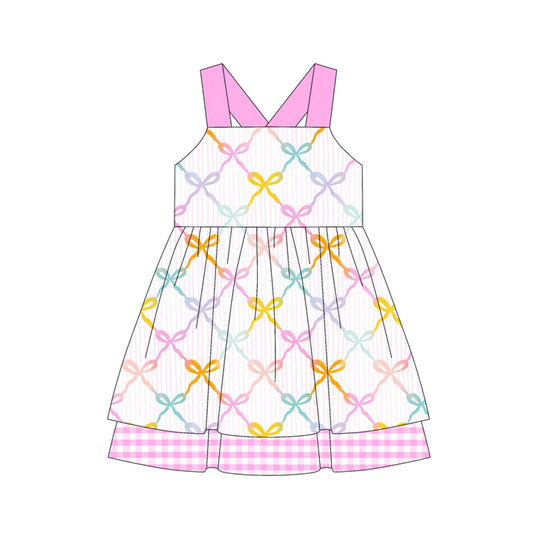Preorder (moq 5)Baby Girls Pink Strap Colorful Bows Ruffle Knee Length Dress 4.26