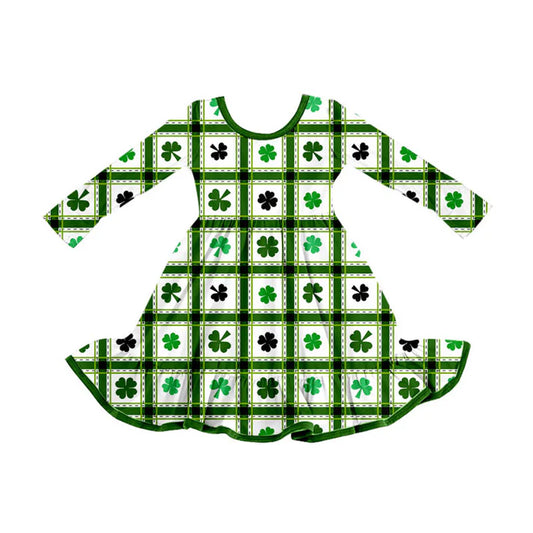 Preorder (moq 8)Baby Girls Clovers Checked St Patrick Ruffle Knee Length Dresses 9.10