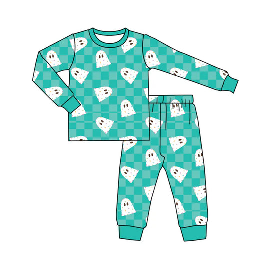 Preorder (moq 5)Baby Boys Blue Long Sleeves Ghosts Plaid Top Pant Pajamas Set 7.1