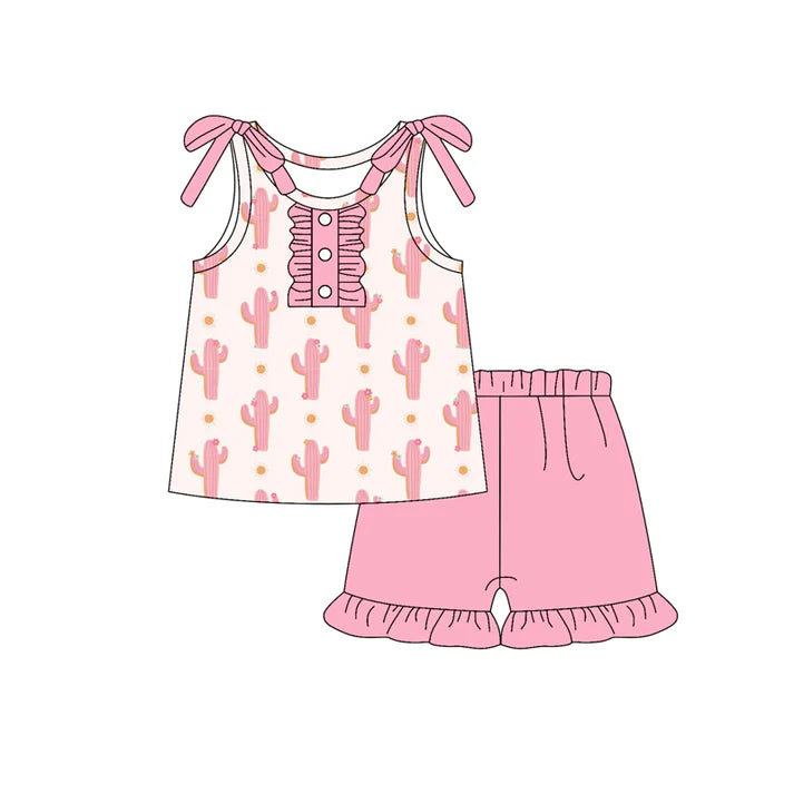 Preorder (moq 5)Baby Girls Pink Bows Sleeveless Cactus Polka Dots Button Top Ruffle Short Set 6.3