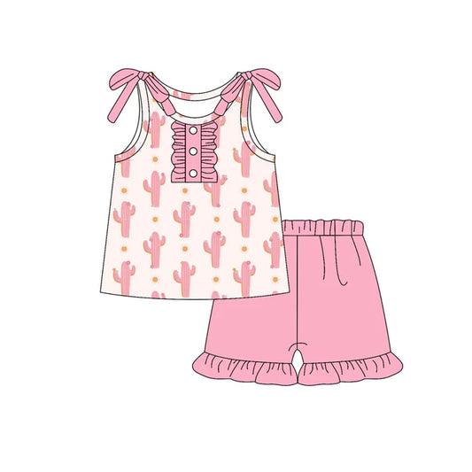 Preorder (moq 5)Baby Girls Pink Bows Sleeveless Cactus Polka Dots Button Top Ruffle Short Set 6.3
