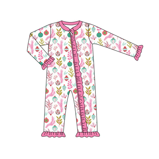 Preorder (moq 5)Baby Girls Pink Long Sleeves Pumpkins Floral Ruffle Zipper Romper 7.3