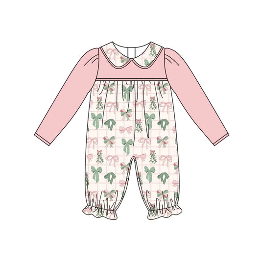 Preorder (moq 5)Baby Girls Peach Long Sleeves Colorful Bows Plaid Ruffle Pant Rompers 6.13