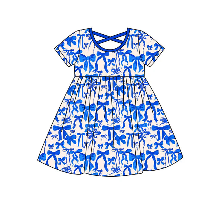 Preorder(moq 8)Baby Girls Hot Blue Bows Plaid Knee Length Dresses 9.26