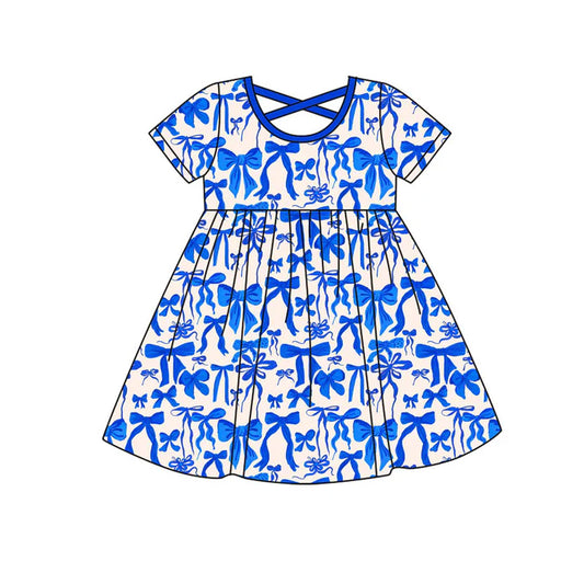 Preorder(moq 8)Baby Girls Hot Blue Bows Plaid Knee Length Dresses 9.26