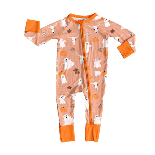 Preorder moq 5 Baby Infant Girls Long Sleeves Ghost Pumpkins Bull Skull Plaid Zipper Romper 7.16