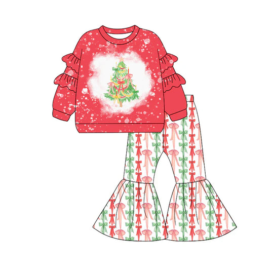 Preorder (moq 5)Baby Girls Christmas Tree Bows Top Bell Bottom Pants Set 7.31