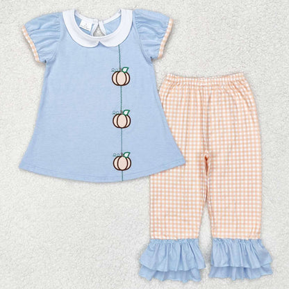 Baby Girls Clothes Embroidery Blue Pumpkins Tunic Top Ruffle Pants Sets GSPO1534