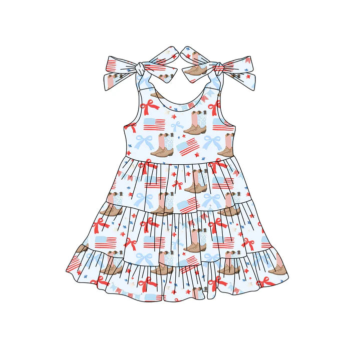 Preorder moq 5 Baby Girls Strap Flags Boots 4th Of July Knee Length Dresses 4.22